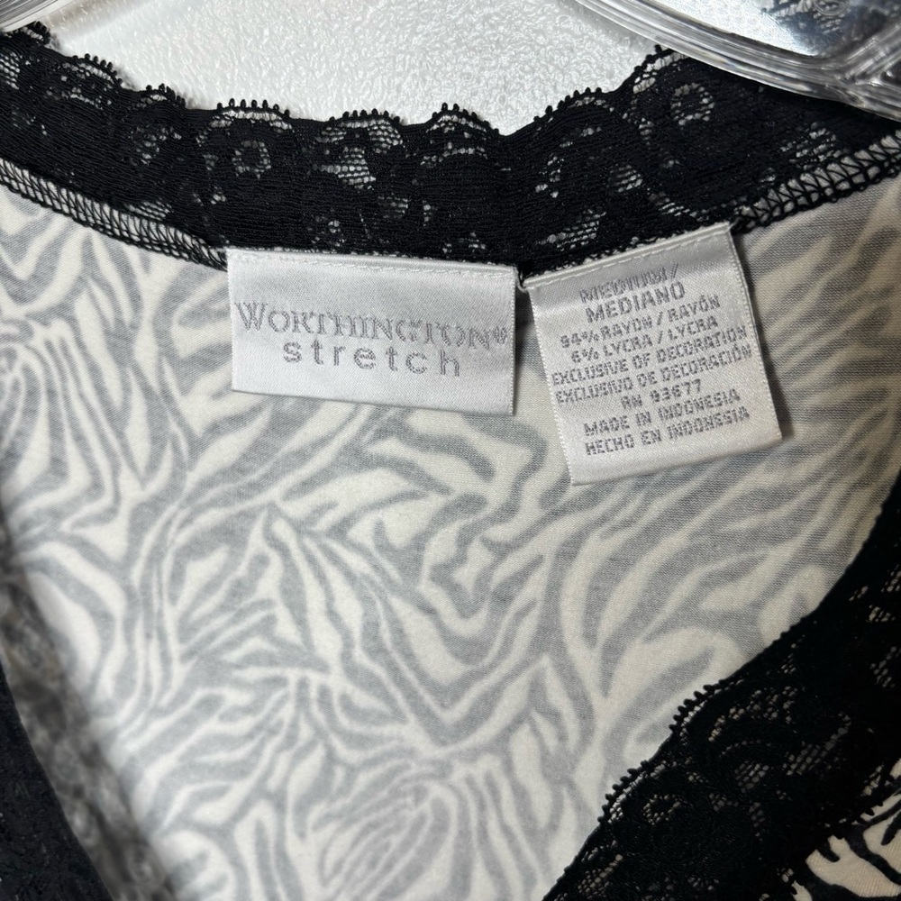 Worthington Stretch Zebra Print Lace Trim Tank Top Women’s M Black White Y2K - Picture 8 of 8